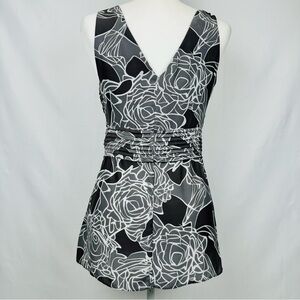 BANANA Republic Women's Gray & White Floral 100% Silk V-neck Top Side Zip Size 4